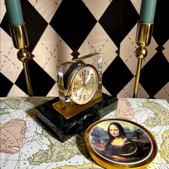 Vintage Marble Seth Thomas Desk Mantle Clock Green Marble & Lucite Mid-Century - Picture 3 of 16